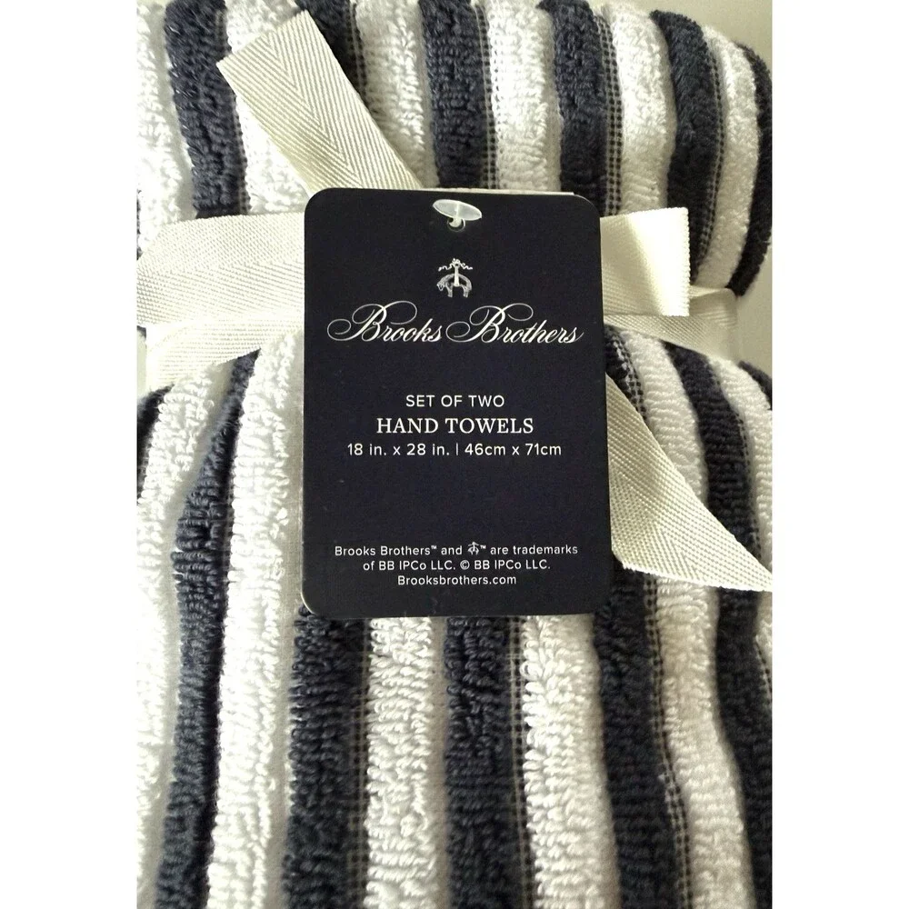 Brooks Brothers Hand Towels White Navy Blue Luxury Striped 100% Cotton Set of 2